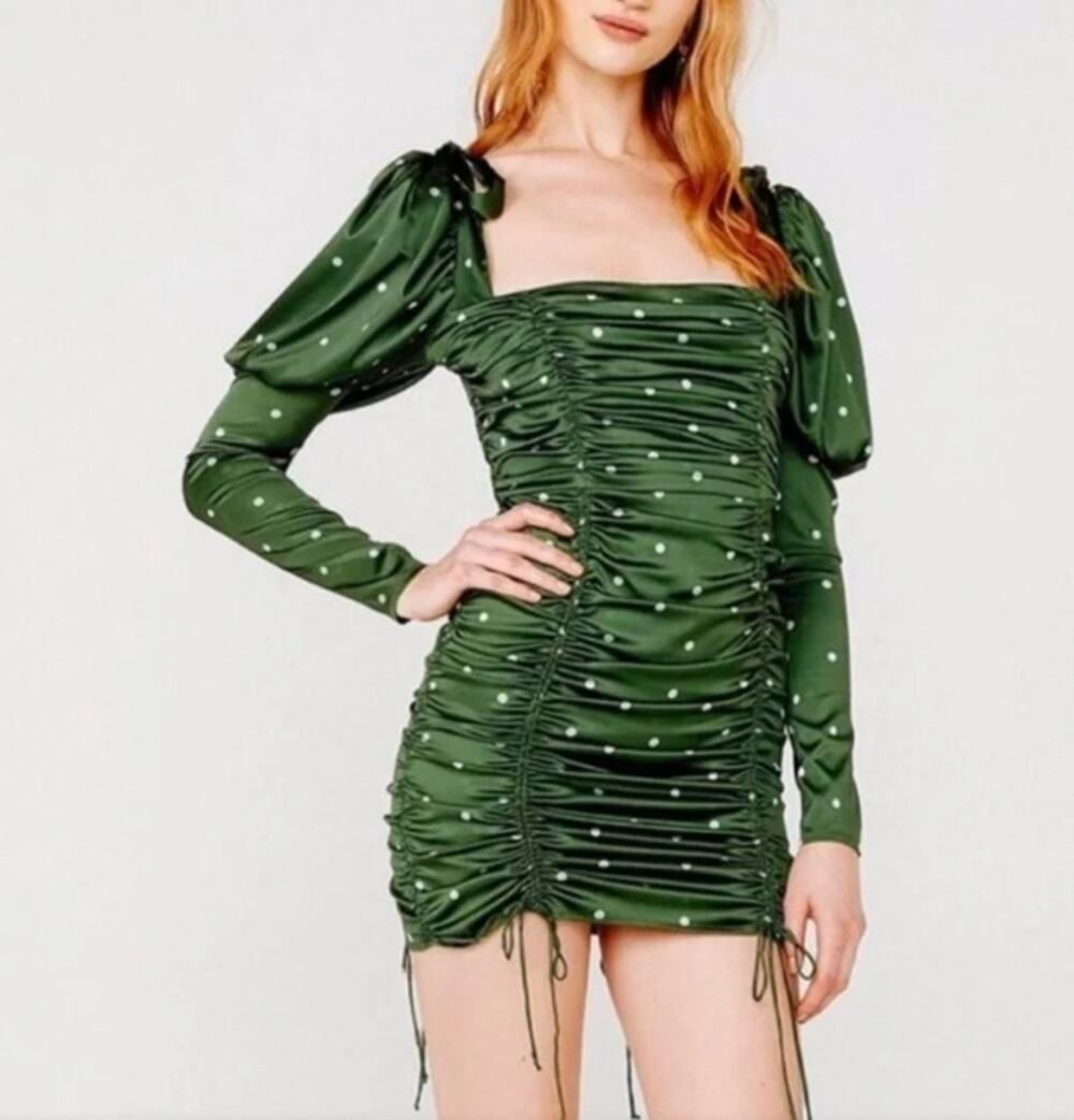 For Love & Lemons Davies Green Polka Dot Puff Sleeve Ruffle Mini Dress Size XS